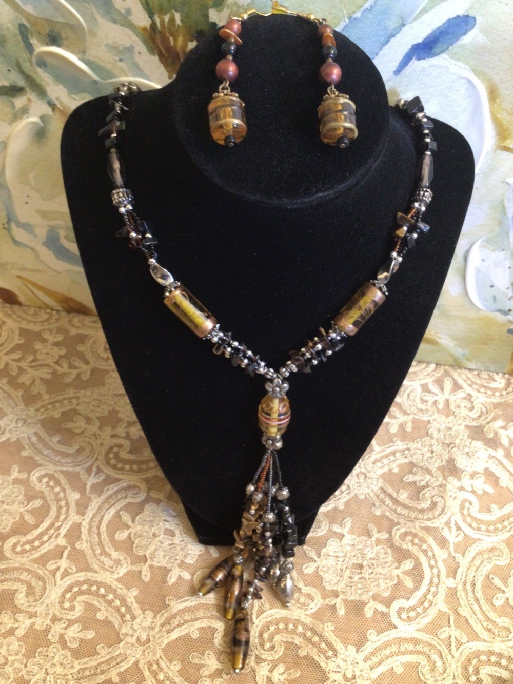 Artisan Vintage Necklace Amber-colored Blown Glass and Semi Precious Stones